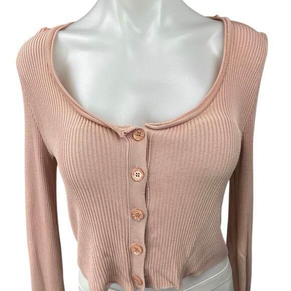 Zara Pink Ribbed Knit Button Down Long Sleeve Crop Cardigan Sweater Top Size S - Picture 3 of 4